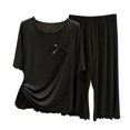 thumbnail image 4 of Ashirexll Pajamas for Women Set, Two Piece Sets for Women, Summer Casual Ribbed Flounce Short Sleeve Top and Pant Pajama Set, 4 of 4