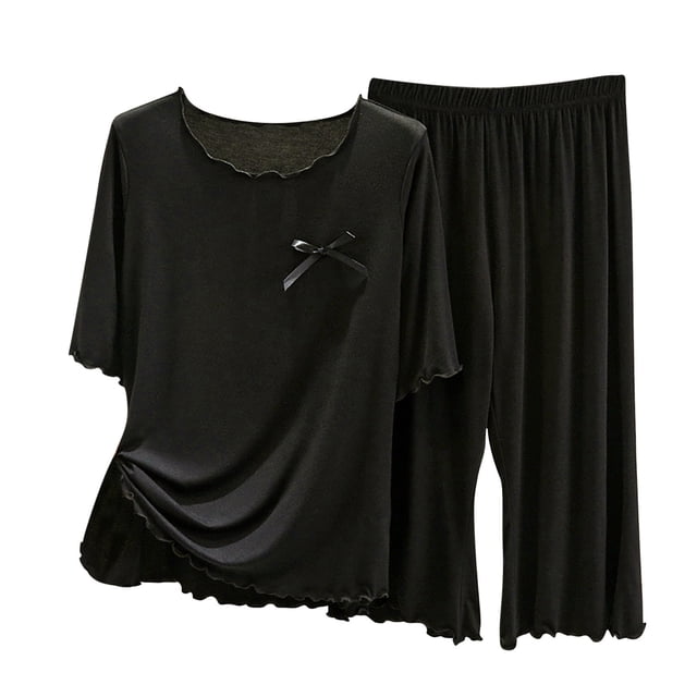 Yuyuzo Ensembles de Pyjama 2 Pcs pour Femmes T-Shirts à Manches Courtes à Col Ras du Cou Pantalons Amples Confortables Ensembles de Pyjamas à Volants Vêtements de Nuit