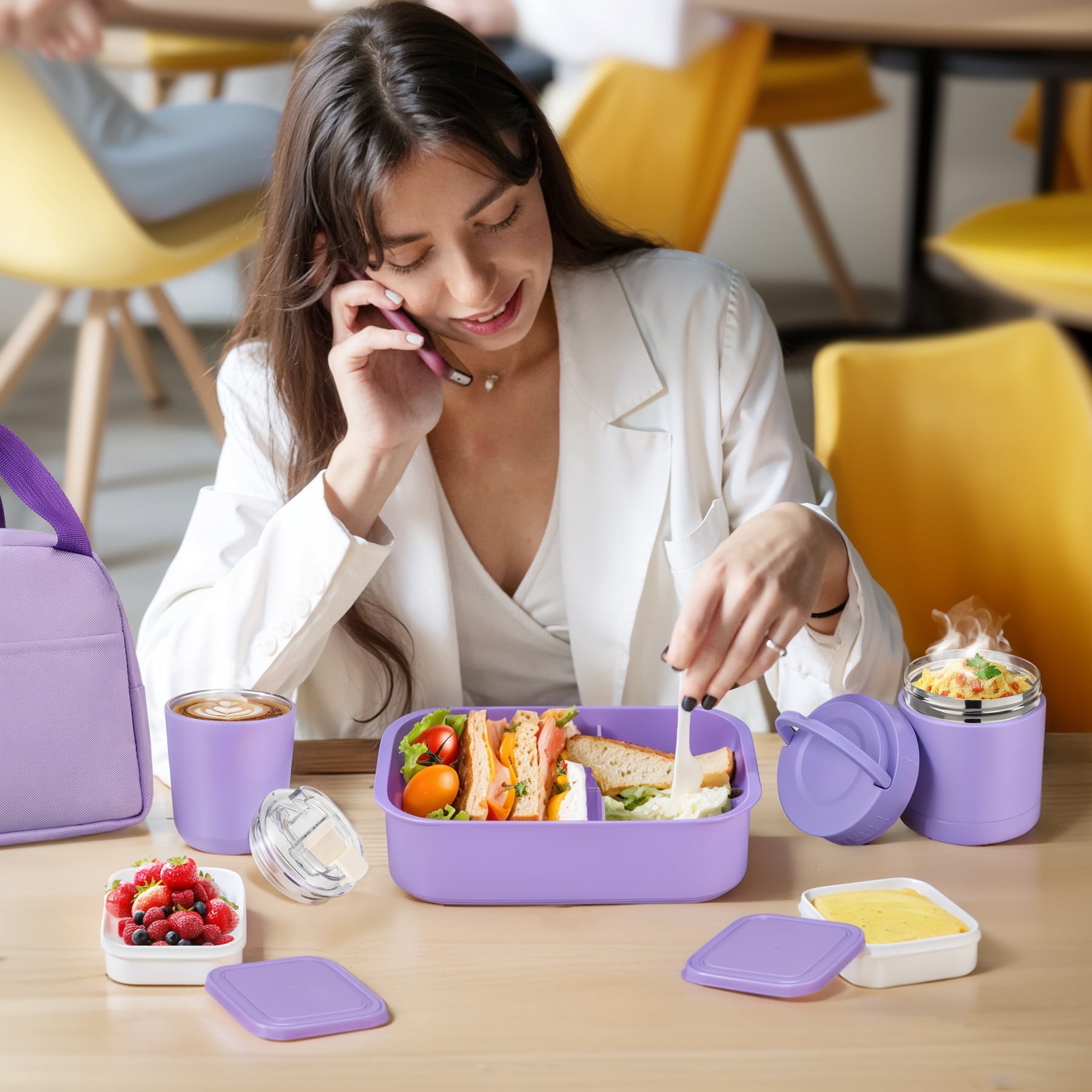 Bento Lunch Box Set with 10.5oz Soup Thermo for Adults Kids, Leak-proof Food Jar Lunch Container with 4 Compartment, Stainless Steel Coffee Tumbler with Lunch Bag for School Travel Office Purple