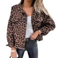 thumbnail image 1 of Women's Leopard Print Denim Jacket Long Sleeve Cropped Loose Casual Large Size Jacket, 1 of 4