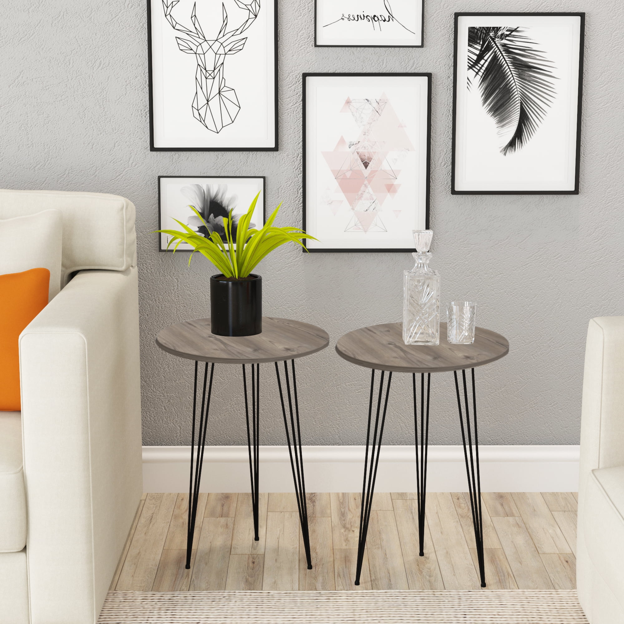 PAK HOME - Set of 2 Round Wood Sofa Side Tables for Small Spaces, Nightstand Bedside Table for Bedroom, Living Room Balcony, PINE WOOD GREY