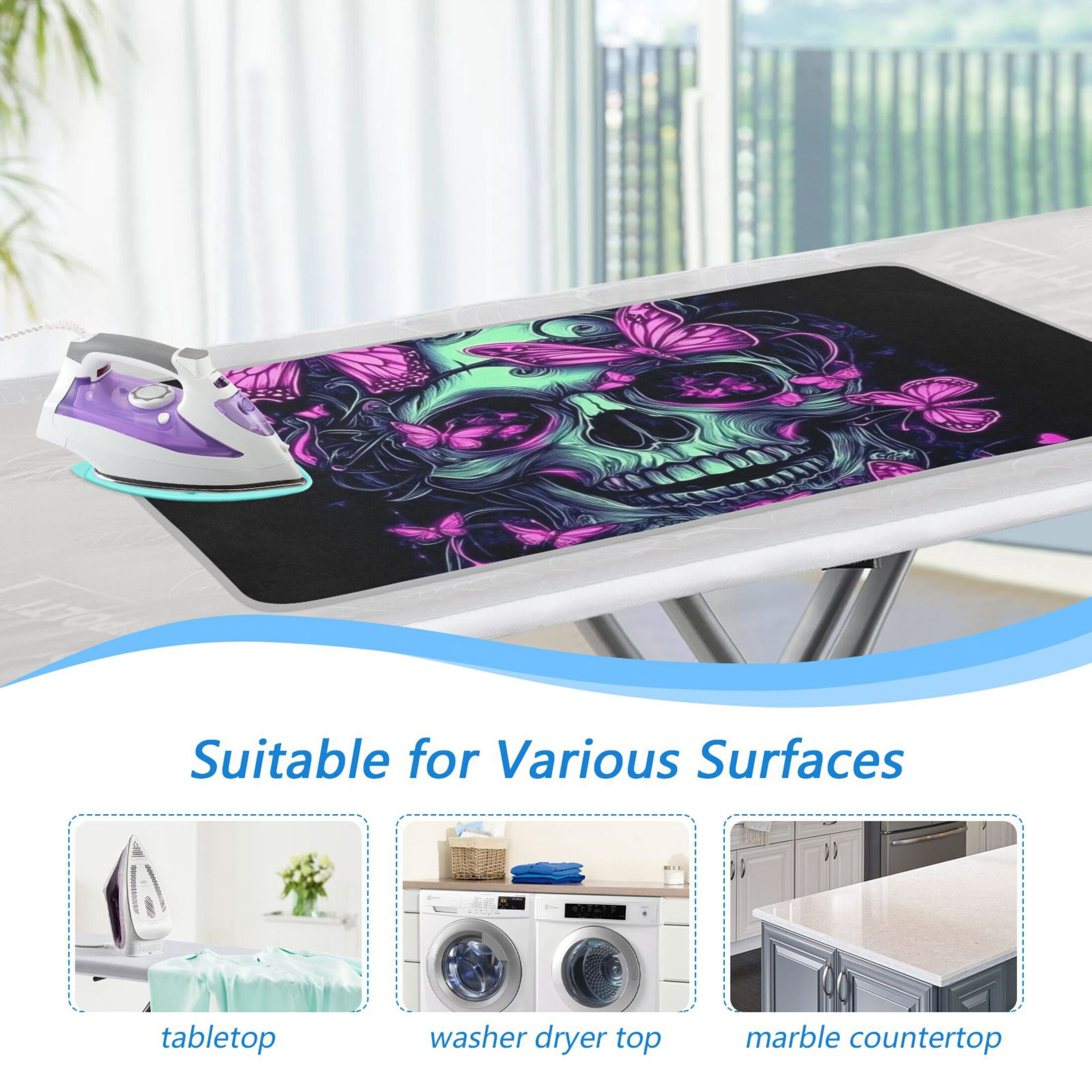 Purple Skull Butterfly Ironing Mat Blanket for Table Top Travel Portable Ironing Board Pad 47.2x27.6 Inch