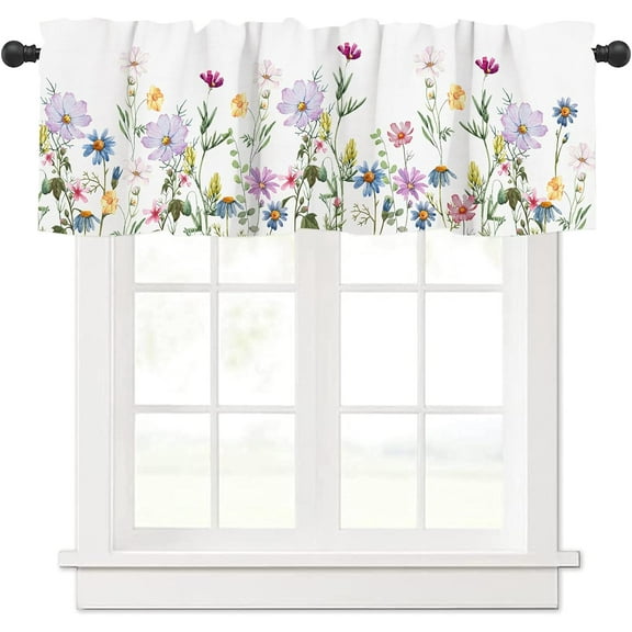 Jbralid Wildflowers Curtain Valance Spring Watercolor Flower Floral Print Valance Kitchen Curtains with Rod Pocket Plants Window Treatment Short Curtain Panels for Bedroom Living Room 54" X 18"
