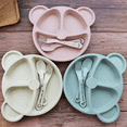 thumbnail image 2 of Kids Plate Set Bear-Shaped 3 Sectioned Compartments Wheat-Straw Material with Spoon and Fork, Beige, 2 of 4