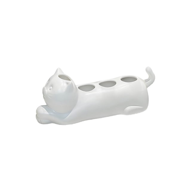 Ceramic Toothbrush Holder for Bathroom Counter, Cute Cat Design Organizer with 4 Slots, Space Saving Toothbrush and Razor Storage for Small Spaces, Easy Clean Glazed Cera
