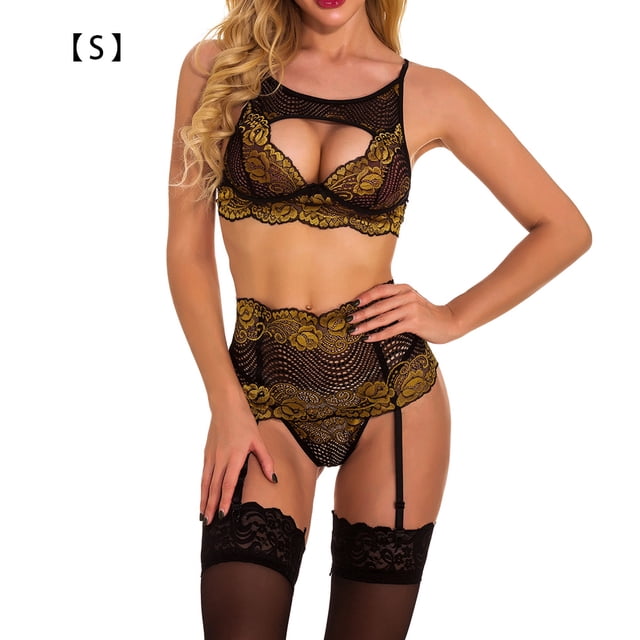 Conjunto de lencería sexy de encaje para mujer, ropa interior de malla hueca, sujetador, ropa de dormir, dorado, S Scienceny XX000092-01