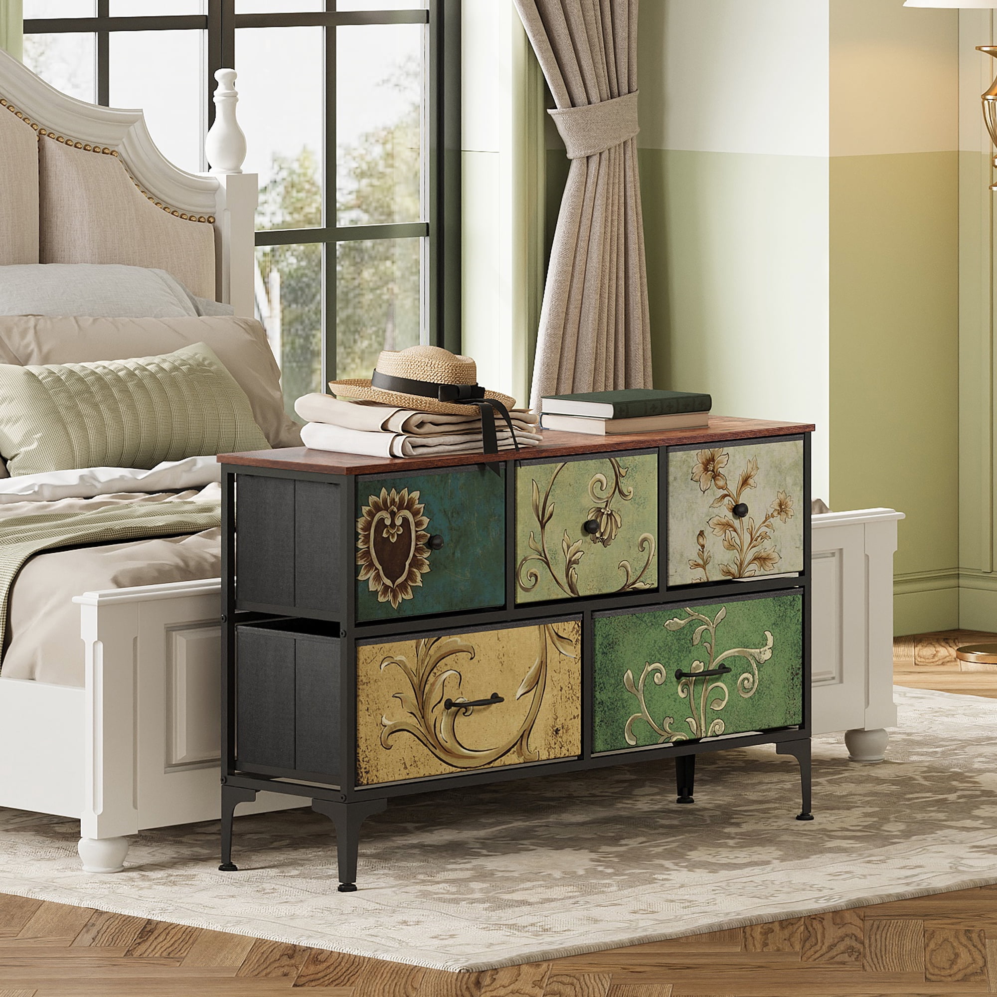 GALAXHERO 5-Drawer Wide Fabric Dresser Storage Organizer Unit, Chest of Drawers with Fabric Bins for Bedroom, Closet, Living Room, Hallway, Floral Painted