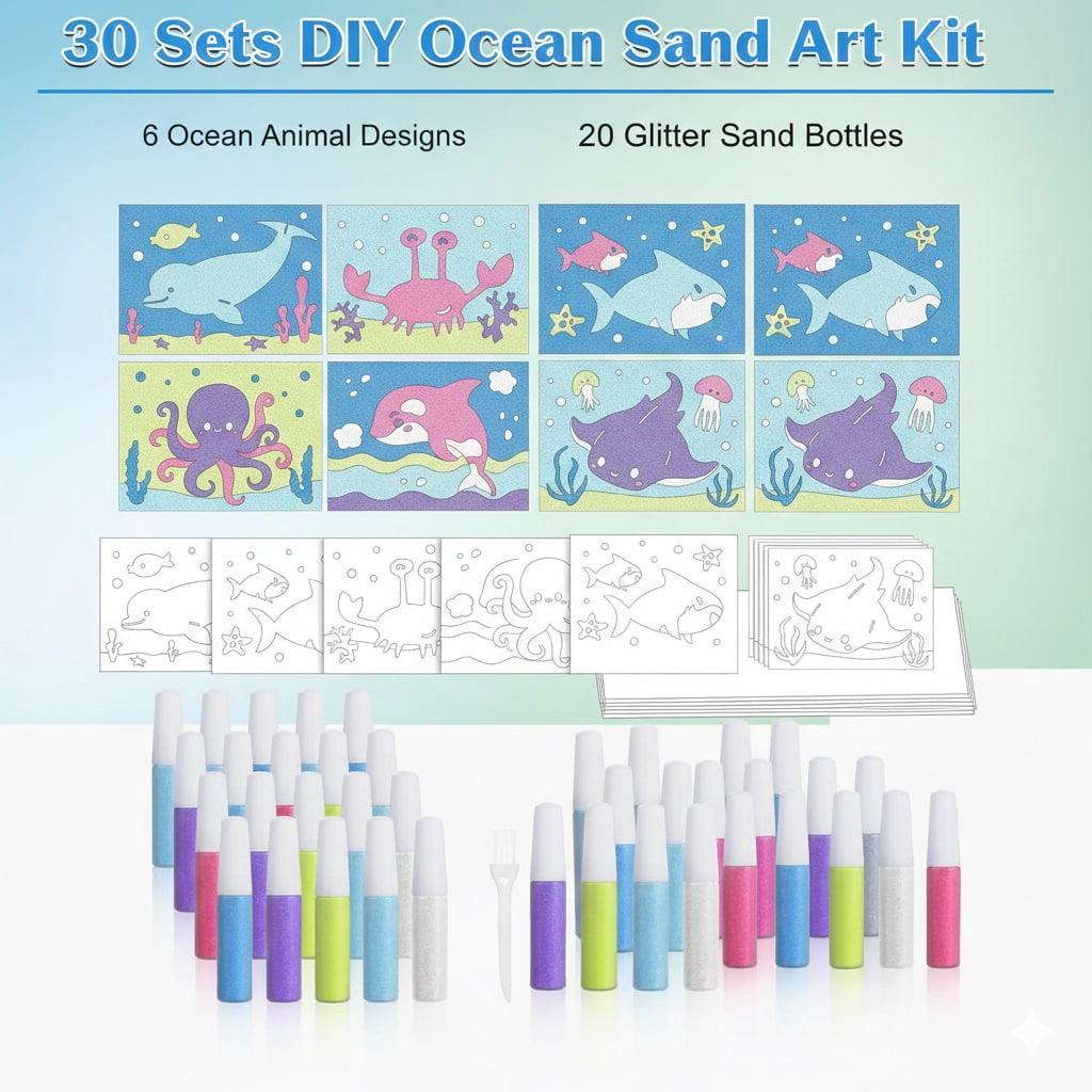 30 Packs Ocean Animal Sand Art Kits for Kids - 6 Designs Sea Creature Craft Activities for Boys Girls Ages 3+, Bulk Arts and Crafts Set with 20 Colors Sand, DIY Educational and learning Activities