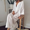 thumbnail image 1 of JUNWELL Robe Chemise Décontractée de Vacances Femme Couleur Unie Manches Longues Col en V Ample Coton Lin Robe Midi Été Mince Fin de Semaine Robes de Rue, 1 of 6