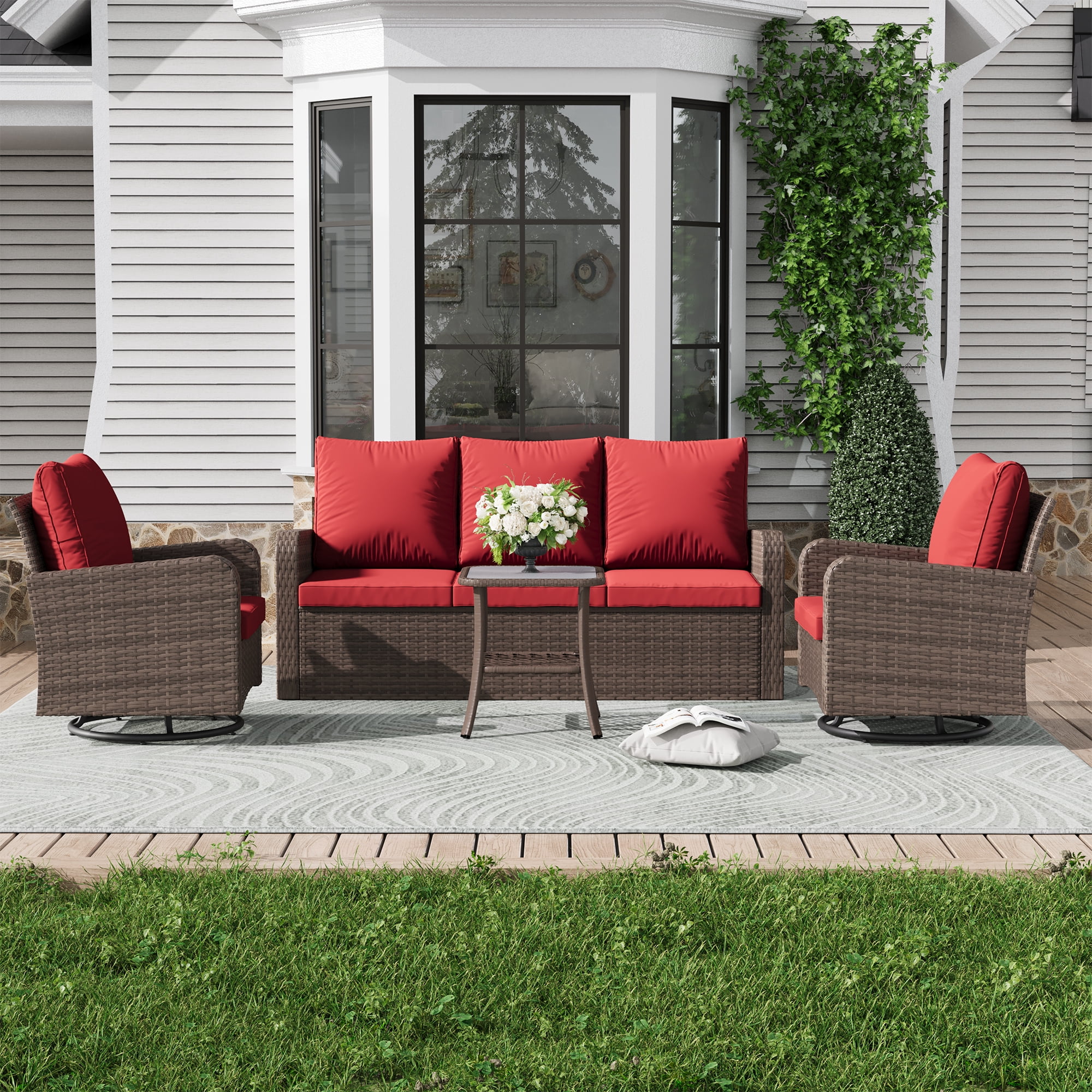 Homrest 4 Piece Wicker Patio Furniture Set, 360 Degree Outdoor Swivel Patio Chairs w/ Coffee Table and 3-Seat Sofa, Small Patio Furniture Set for Garden, Deck and Poolside (Wine Red)