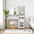 thumbnail image 3 of Makeup Vanity Desk with Mirror and Lights, White Vanity Table with Charging Station, Storage Compartments and Power Outlet for Bedroom, 3 of 10