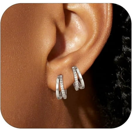 Small Hoop Earrings for Women Cubic Zirconia Huggie Hoop Earrings Dainty Hypoallergenic Hoops Earring Double Hoop Earrings