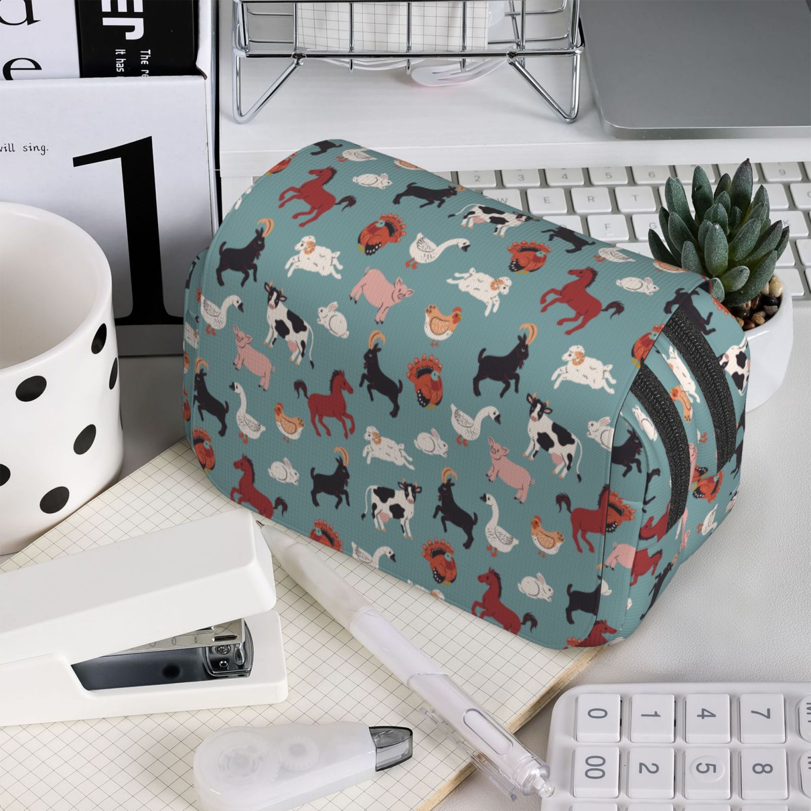 Rateoe Farm Animals 1 Pattern Double Clamshell Pen Case, Storage Organizer with Two Zipper Compartments– Holds Up to 50 Pencils & Pens