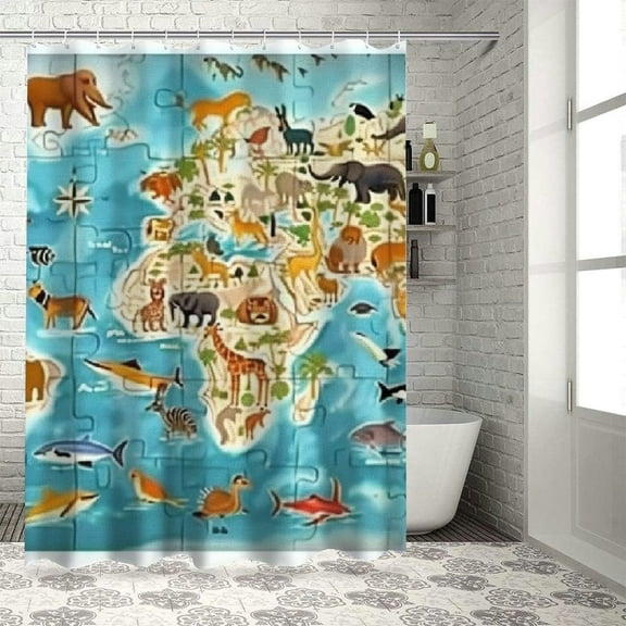 Patifu Puzzle Map Animals Bathroom Décor Set Polyester Shower Curtain with Hooks 36"x72