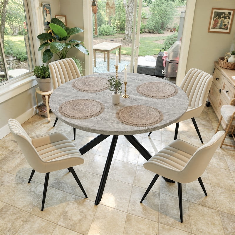 Hawsaiy 47" Round Dining Table for 4-6, Modern Farmhouse Kitchen Table with Metal Legs, Wood Circle Dinner Table for Kitchen & Dining Room, Gray