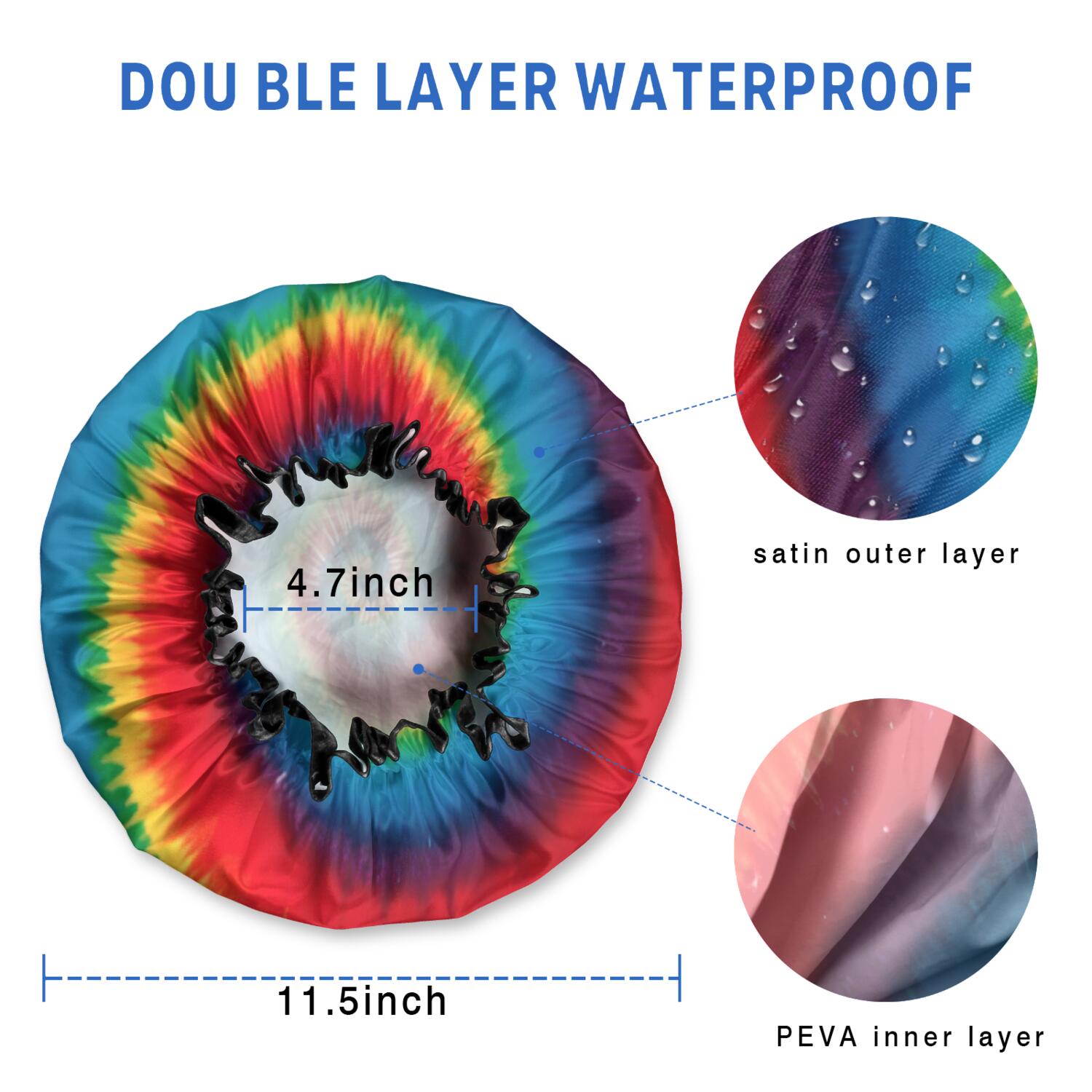 Shower Caps,Colorful Tie Dye Pattern Waterproof Shower Cap for Women 4 Pieces,Double Reusable Hair Cover for Shower PEVA Elastic Stretch Hem