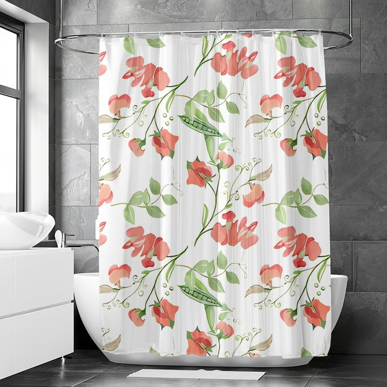 Shower Curtain Peach Red and Green Shower Curtains for Bathroom Plant Floral Patterns Natural Atmosphere Waterproof Design and Polyester No Odor 12