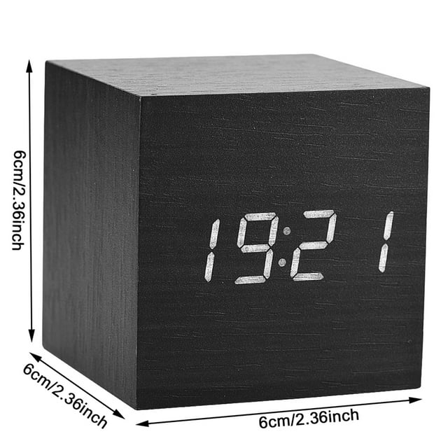 Reloj despertador digital electrónico de madera de 6 x 6 x 6 cm con pantalla LED y control por voz, color negro