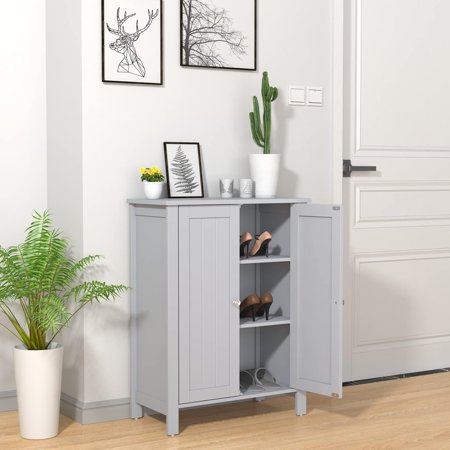 COSTWAY Bathroom Floor Cabinet - Freestanding Side Storage Organizer with Double Doors & Adjustable Shelf, Wooden Storage Cabinet for Living Room, Bedroom, Kitchen, Entryway (Grey)