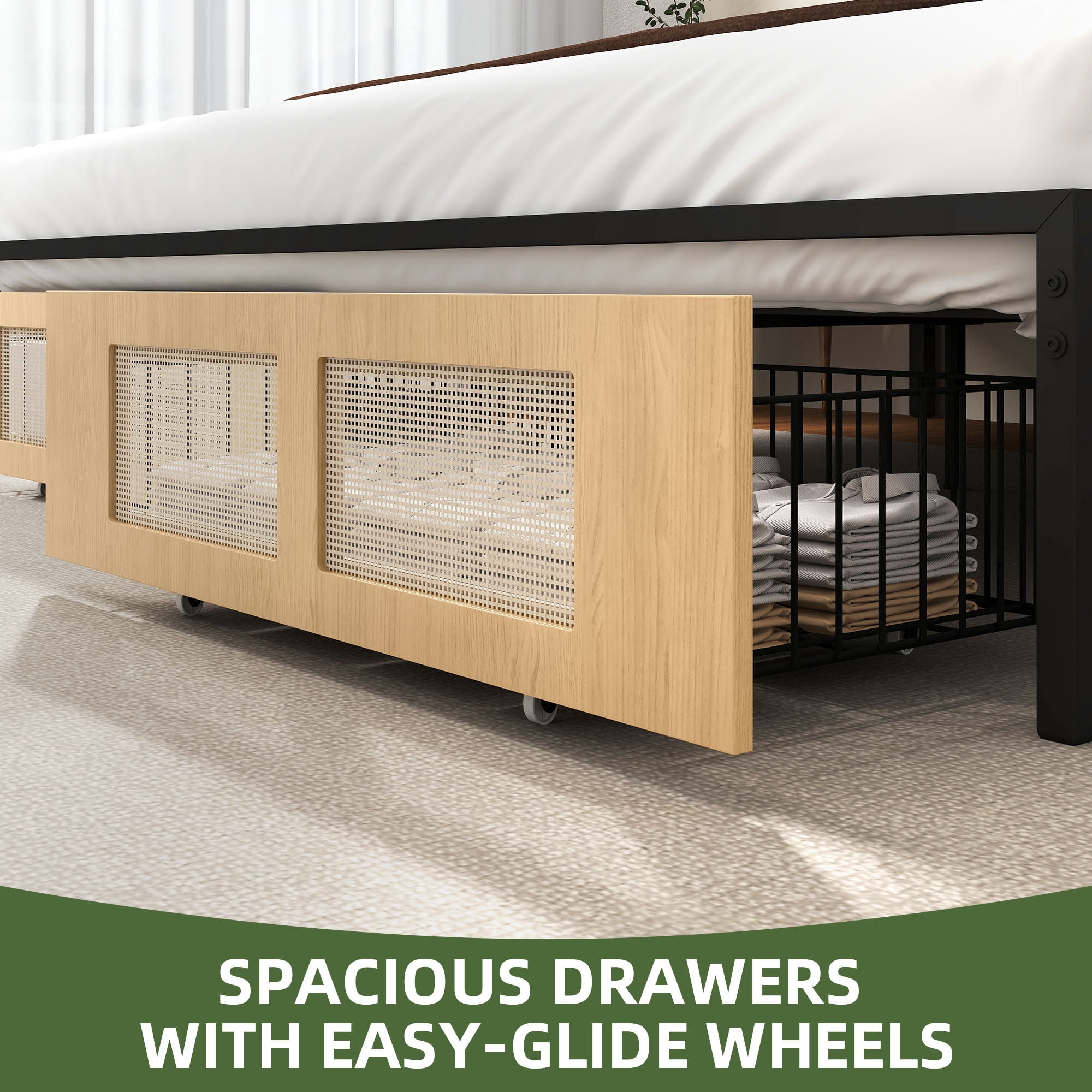 Uforic Boho King Size Bed Frame with Hand-Woven Rattan Design, Dual Storage Drawers, and Noise-Free Metal Slat Support, No Box Spring Required