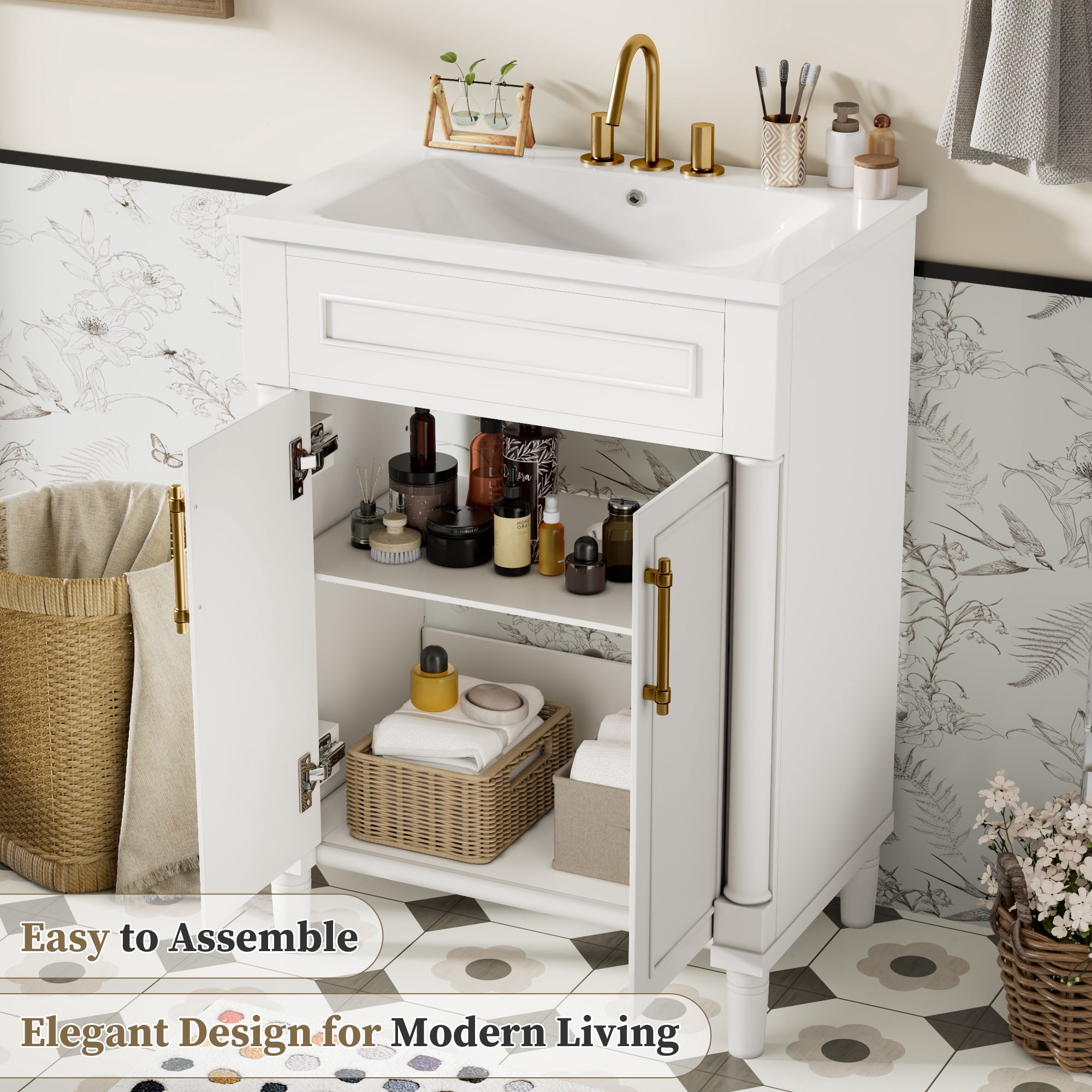 Euroco 24" Small Bathroom Vanity with Half-Moon Sink – Solid Wood Frame, Adjustable Storage Shelf, Painted Finish & Easy Assembly (Faucet Not Included)
