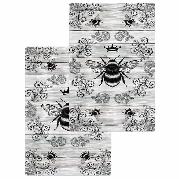 Vintage Bees Crowns Kitchen Dish Towels for Drying Dishes Set of 2, Retro Leaves Rings Gray Wooden Waffle Weave Microfiber Hand Tea Bathroom Towels Quick Dry & Absorbent Towel 15.7x23.6