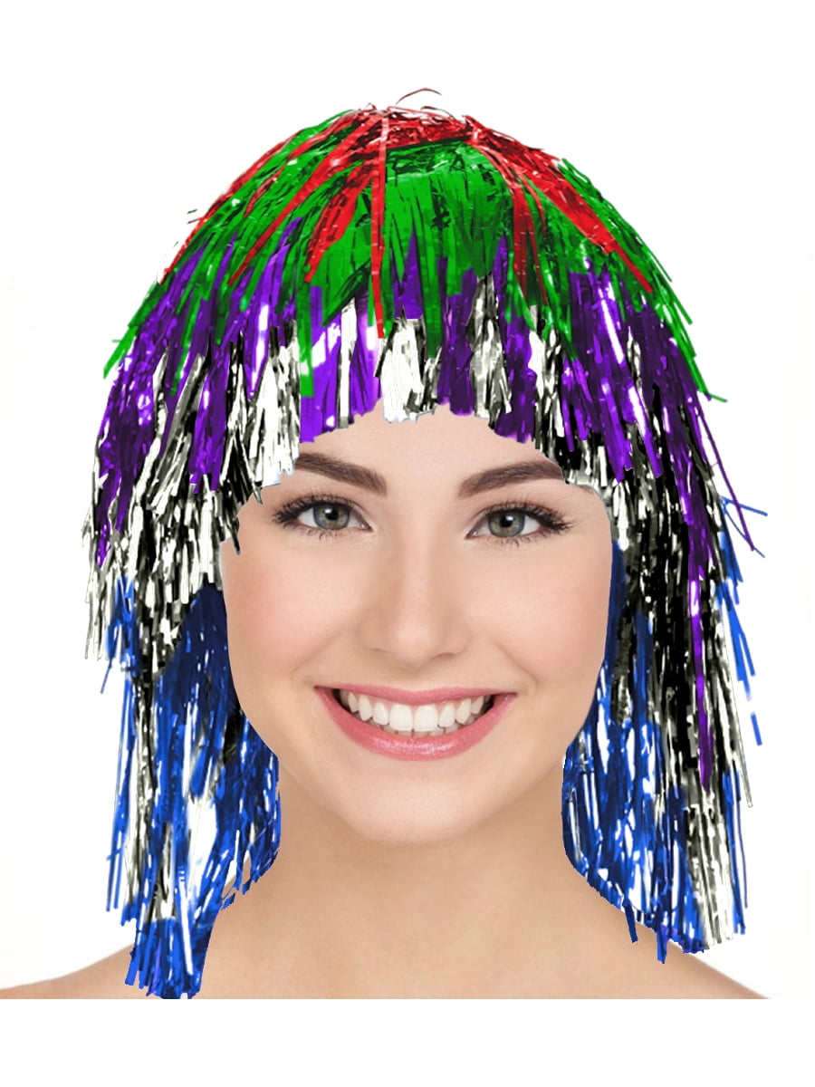 Adults or Childs Economy Rainbow Multi-Color Foil Tinsel Costume Wig 