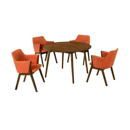 Armen Living Arcadia and Renzo 48" Round Orange and Walnut Wood 5 Piece Dining Set