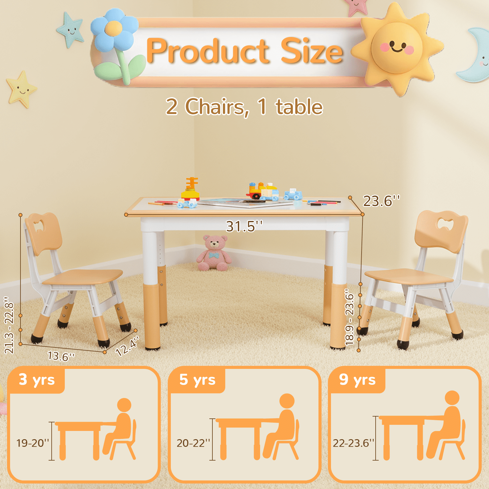 LAZY BUDDY Kids Table and 2 Chairs Set, Height Adjustable Toddler Table and Chairs Set with Graffiti Desktop, Children Activity Table for Daycare/Classroom/Home