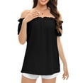 thumbnail image 2 of Sakmal Short Sleeve Womens Tops Under $10 Black Solid Off-The-Shoulder Chiffon T-Shirts Womens Shirts for Summer, 2 of 6
