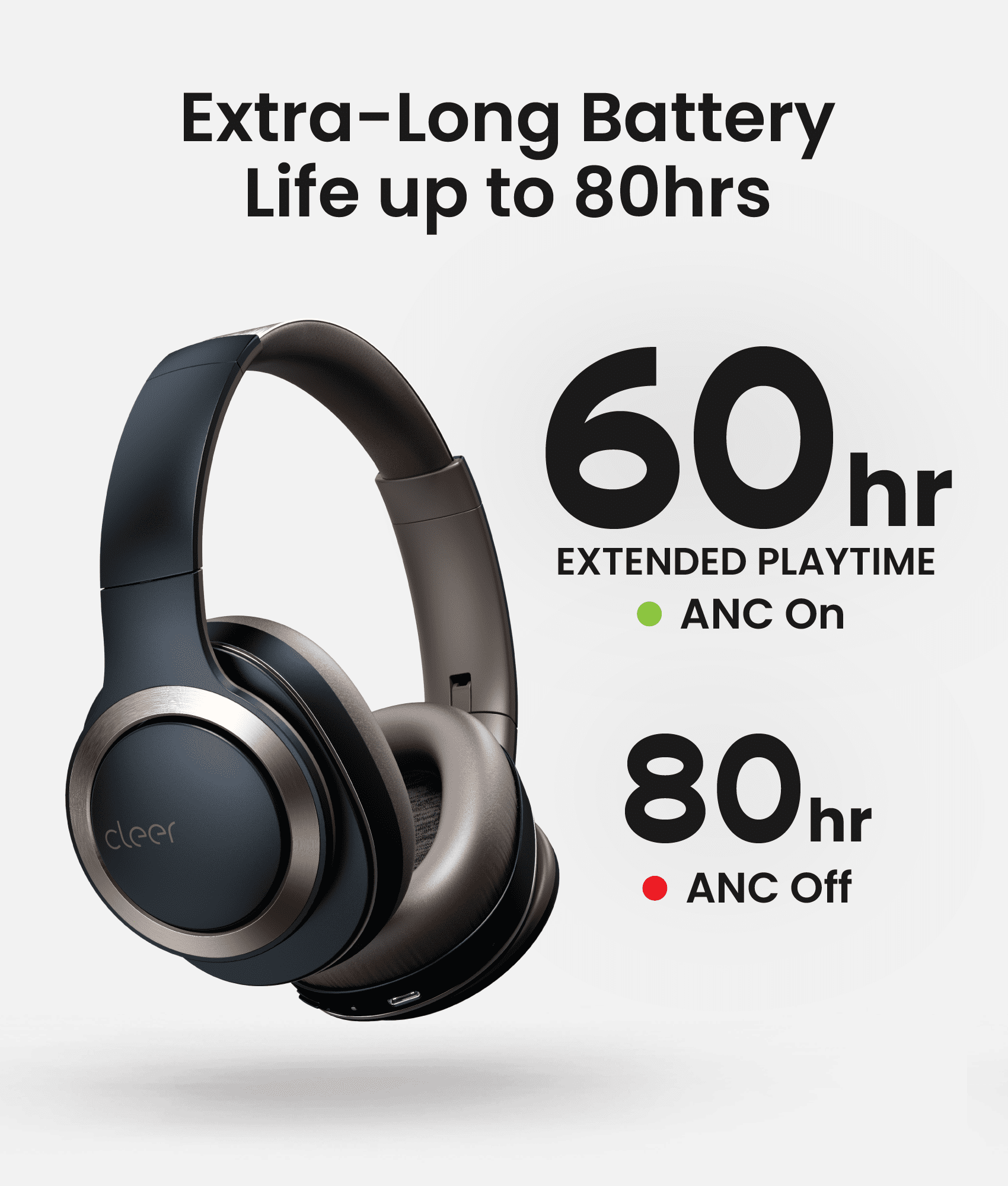Cleer Enduro ANC Bluetooth Headphones, Noise Cancelling, 60H Playtime, Hi-Res Audio, Deep Bass, Dark Navy
