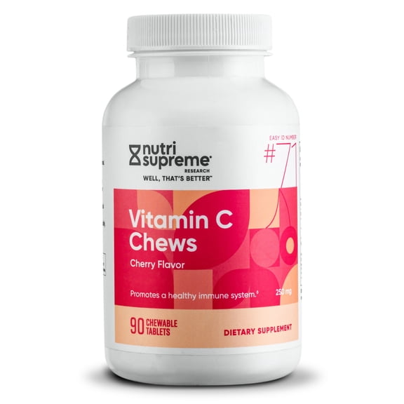 NutriSupreme Vitamin C Chews 250mg Cherry Flavor, Buffered Chewable Vitamin C with Citrus Bioflavonoids, Gentle on the Stomach, Daily Immune & Antioxidant Support, Vegetarian, 90 Chewable Tablets