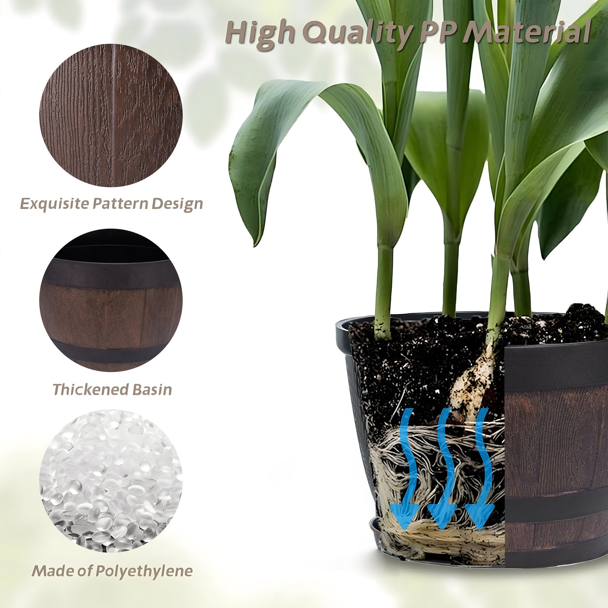 VECELO 3 Pack 9 inch Plant Pots, Whiskey Barrel Planters with Drainage Holes & Saucer, Plastic Imitation Wine Barrel Decoration Flower Pots, for Indoor & Outdoor Garden Home Plants, Brown