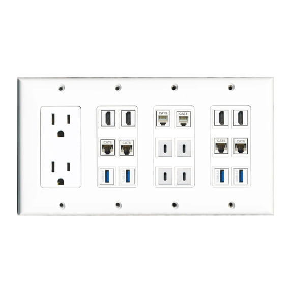 Ultra Spec Cables Custom Wall Plate 15 Amp Power Outlet White with up to 18 Keystone Ports