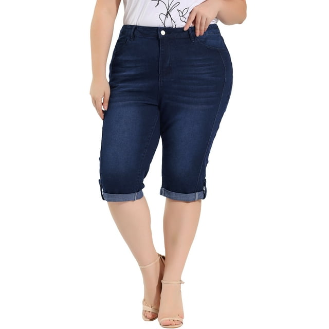 Unique Bargains Women's Plus Size Shorts Casual Chambray Ripped Denim Capri Jeans