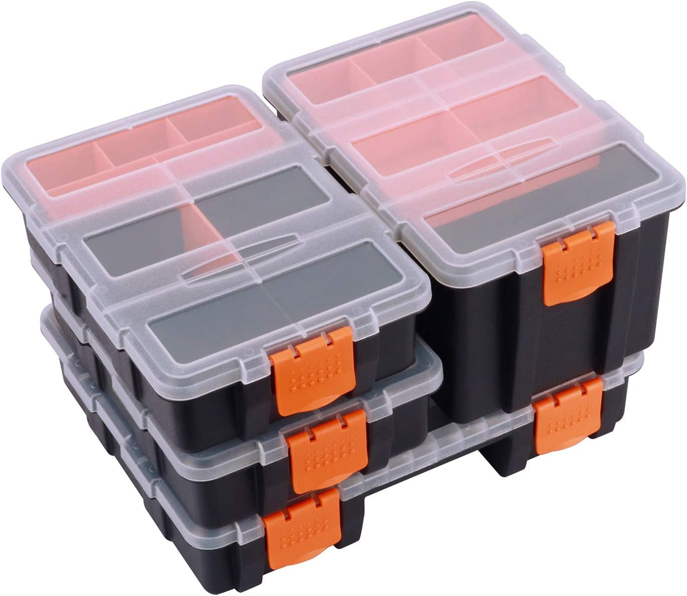 MIXPOWER 4 Piece Set Toolbox Hardware & Parts Organizers, Versatile and Durable Storage, Customizable Removable Plastic Dividers, storage and carry, Black/Orange