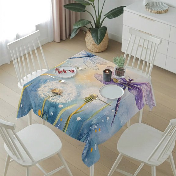 Country Dandelion Dragonfly Table Cloth 54x54in, Waterproof Square Tablecloth Wipeable Tablecloths Abstract Farm Life Table Covers for Dining Tables Party Indoor Outdoor