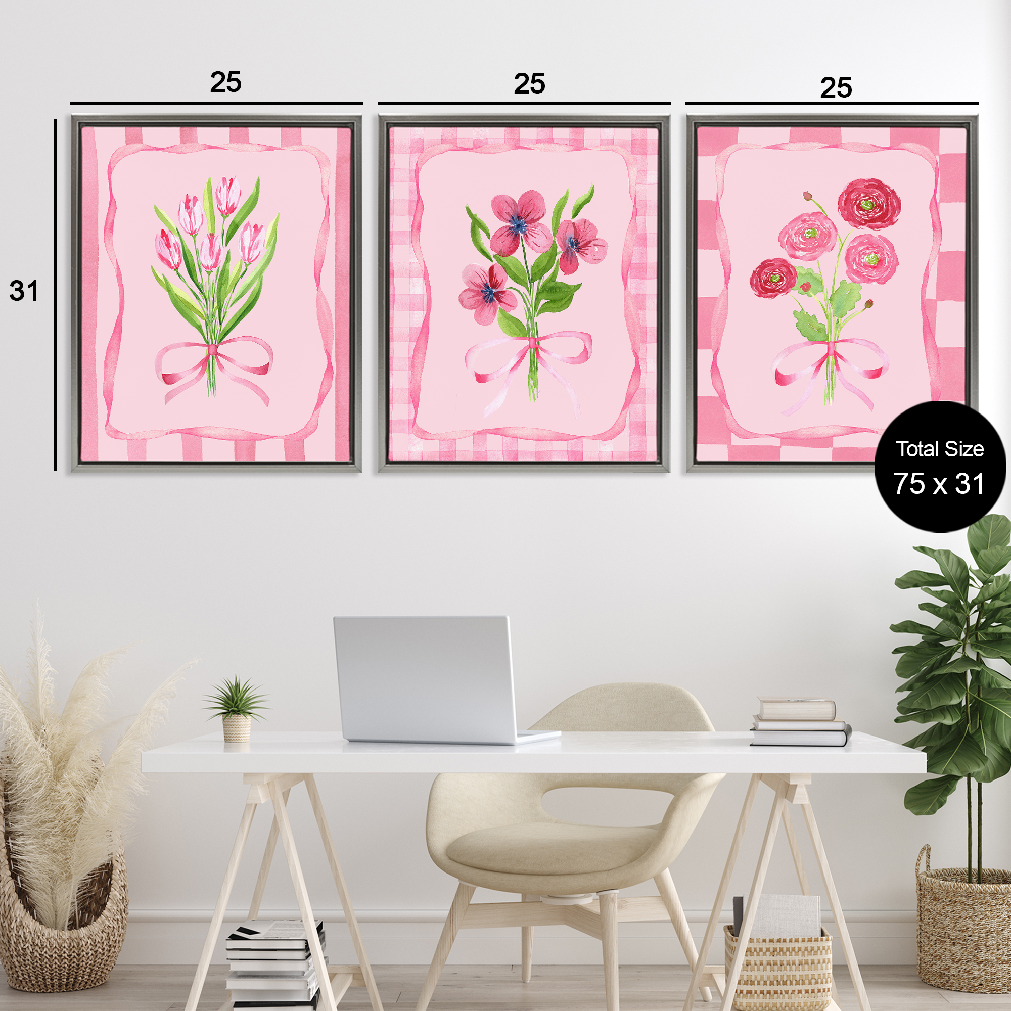 Pretty & Sweet Bordered Flowers 3 Piece Gray Framed Floater Canvas Set, design by Nina Jacobs