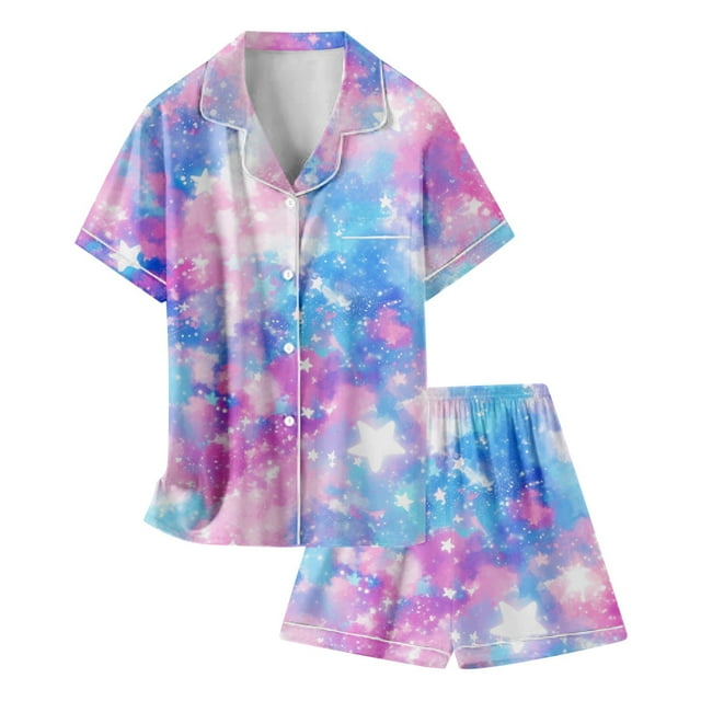Pyjama de Noël pour Enfants Ensemble de Pyjamas en Soie Imprimée Manches Courtes 2 Pcs Tenues de Noël pour Filles Ensemble de Pyjama pour Filles 6-7 Ans