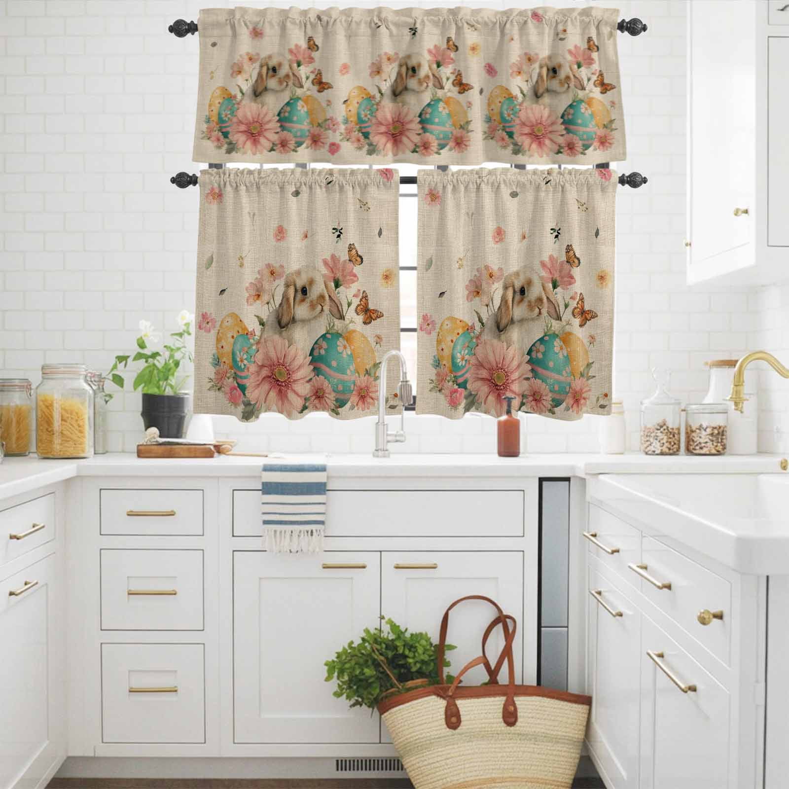 Easter Rabbit Kitchen Curtains Valances 3 Piece Set, Watercolor Eggs Pink Floral Butterfly Linen Texture Rod Pocket Tier Curtain and Valance Drapes for Small Window 24 Inch Length for Bedroom Cafe