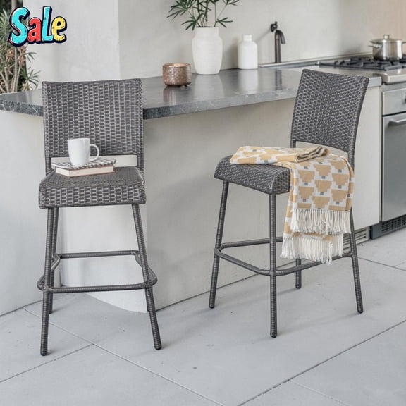 GZXS Weather-Resistant Wicker Barstools Set of 2, PE Rattan Patio Bar Chairs with Curved Seat and Footrest, 29" Bar Height Stools for Backyard, Balcony or Poolside, Gray