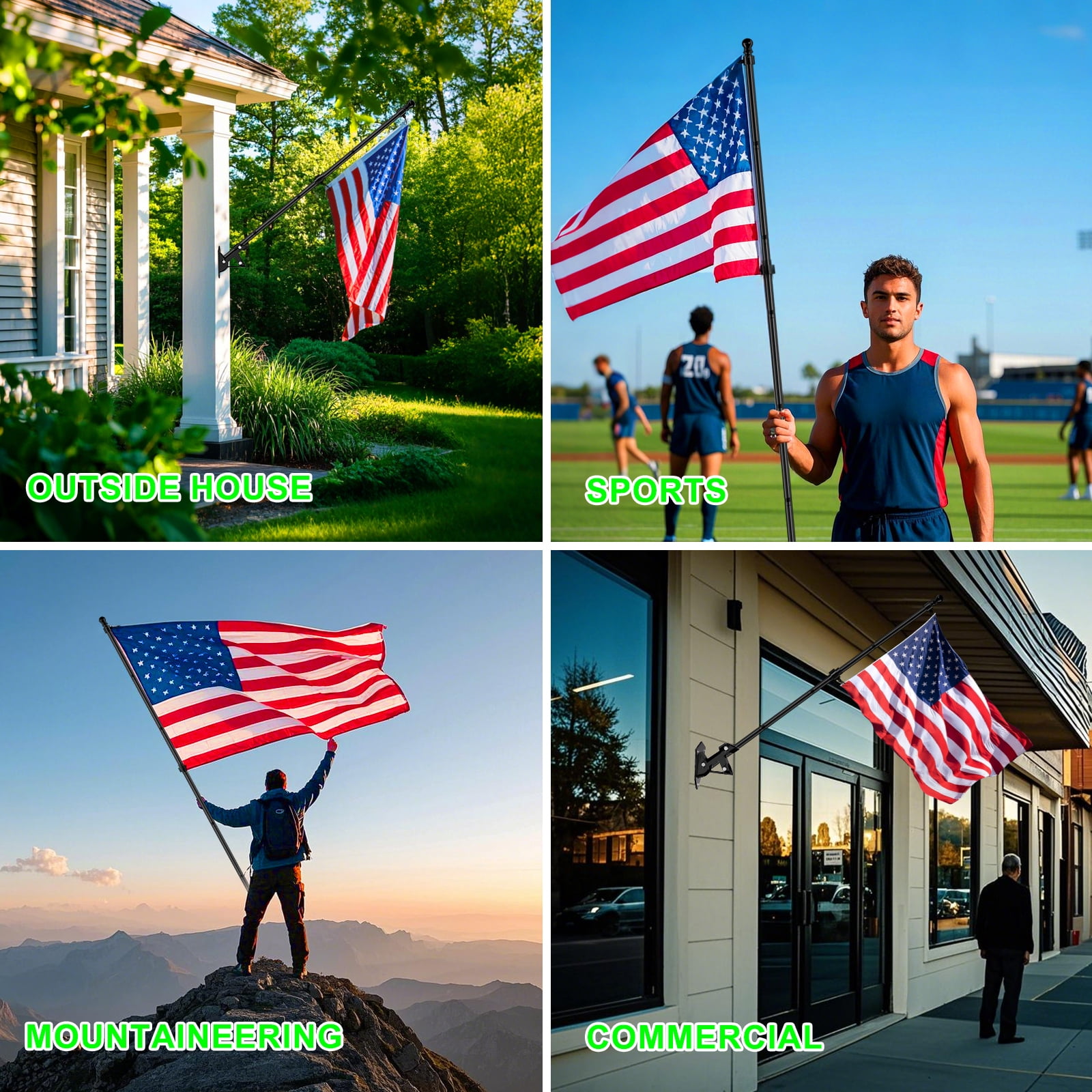 FIASON 1 Pack Black 5FT Wall-Mount Flag Pole with Solar Light for Outside House, Stainless Steel Tangle Free Flag Pole Kit with Bracket,Residential or Commerical for American Flag
