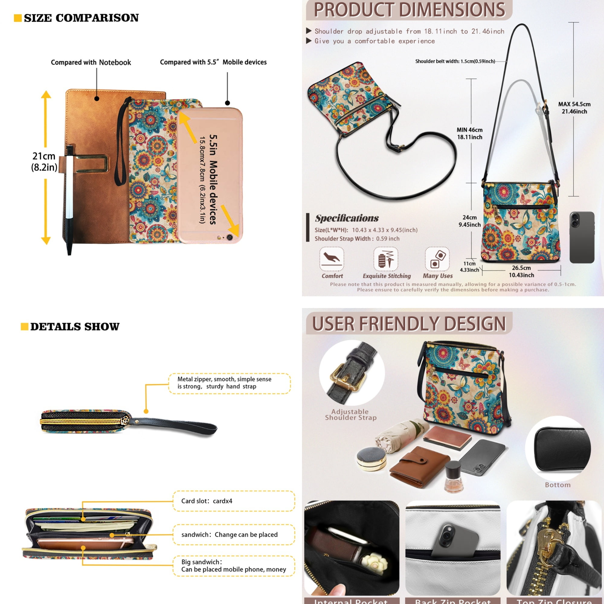 ZUXONGSY Boho Mandala Butterfly Print Women Large Crossbody Bags Ladies Satchel Shoulder Handbags Purse and Wallet Set for Women Totes Hobo Purses for Dating Travel Party