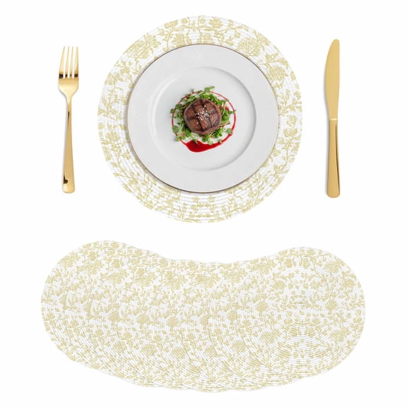 Yellow Flower Round 15 Inch Placemats Set of 8, Vintage Farmhouse Boho Leaf Spring Plant HeatResistant Non Slip Place Mats for Dining Table, Wipeable Braided Kitchen Table Mats for Housewarming