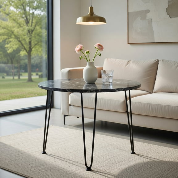 Spaco Round Coffee Table with Thickened Tabletop and Metal Tripod Legs-Black, End Table