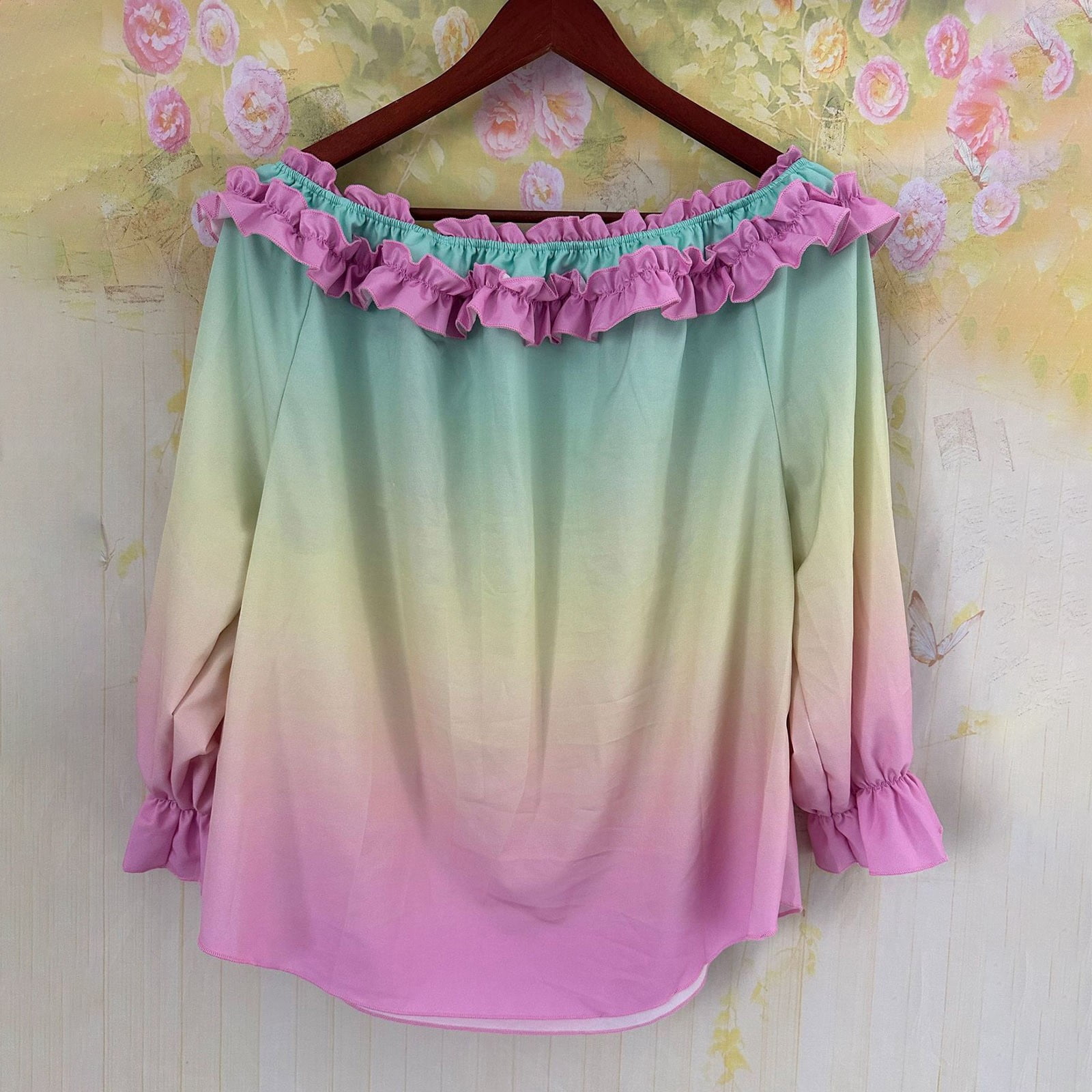 ylioge S-5X Plus Size Shirts for Women Off the Shoulder Long Sleeve Blouses Tops Womens Trendy Gradient Printed Ruffled Pullover Hawaiian Beach Top