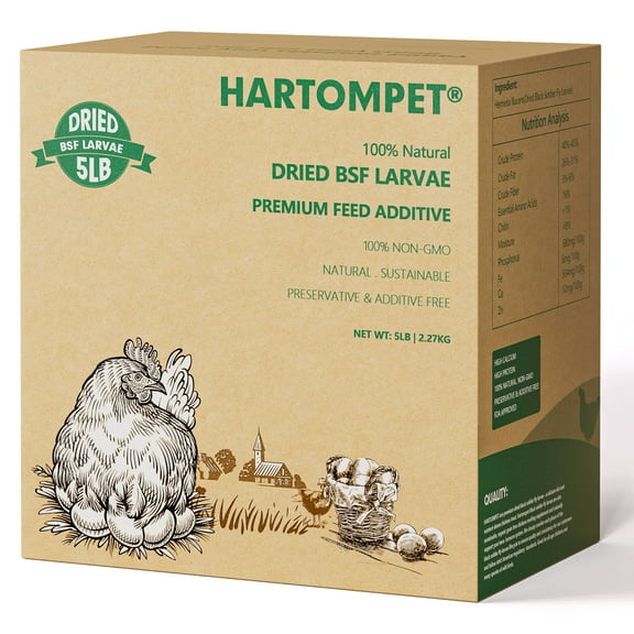 HARTOMPET Dried BSF Larvae for Chickens - Non-GMO Poultry Feed Supplement, 85x Calcium, 5LB Worms
