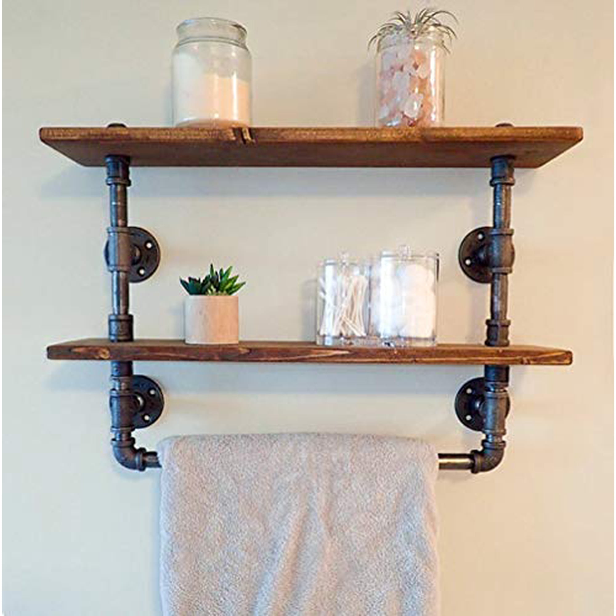 Tianman 24 Wide 10 Deep 2 Tier Industrial Retro Reclaimed Wall Mounted Wooden Pipe Bathroom Towel Rack Towel Holder Bathroom Decor Shelves Towel Storage Amazon Co Uk Kitchen Home