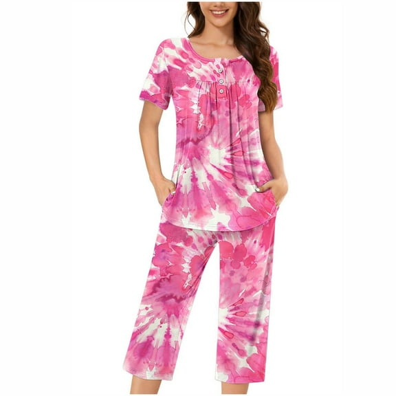 HUJlwoi Women Button down Pajama Tie Dye Printed Sleepwear Sets Short Sleeve Shirts and Capri Pants Lounge Pj Sets with Pocket