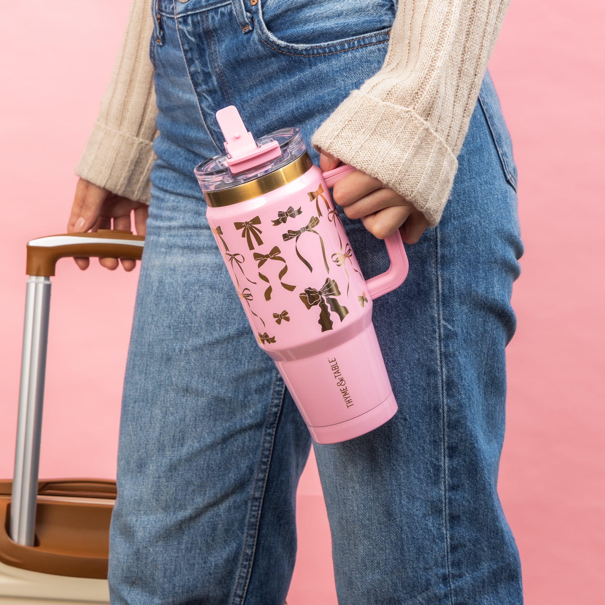 Thyme & Table 32 fl oz Stainless Steel Luna Tumbler with Handle and Dual Straw Lid, Pink & Gold Bows